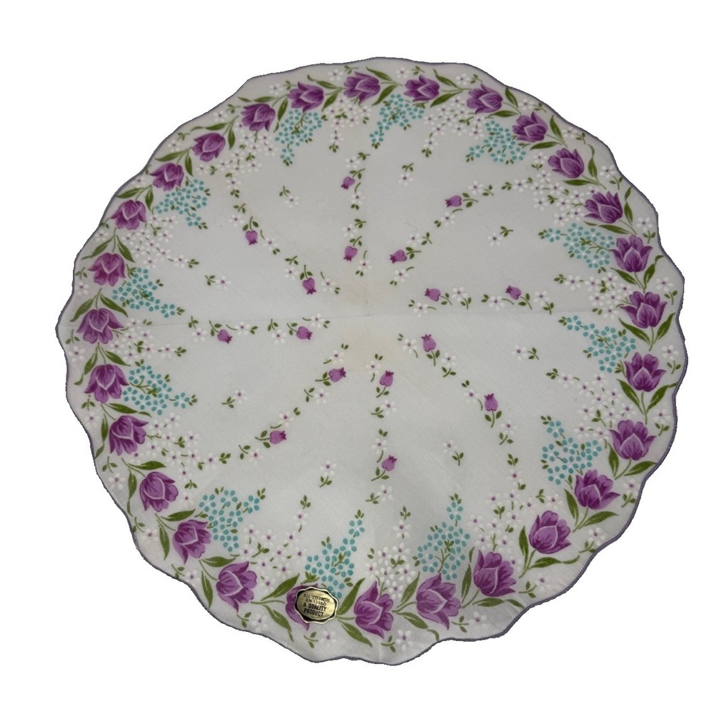 Vintage NWT Cotton Scalloped Rolled Edge Handkerchief Purple & Blue Floral Print